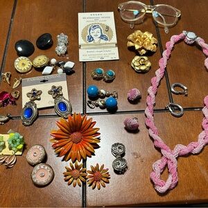 Vintage necklace, brooches, earrings and glasses.